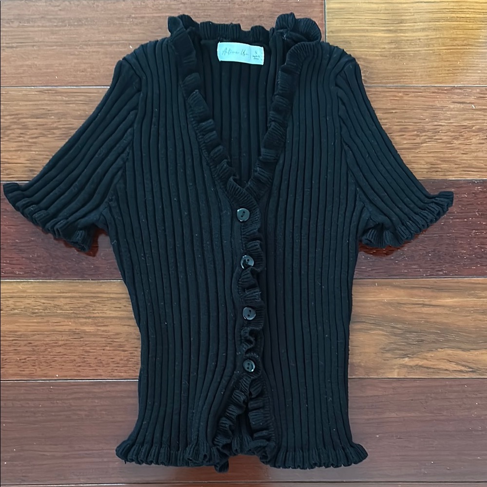 Active USA Black Ribbed Cardigan with Ruffle Details